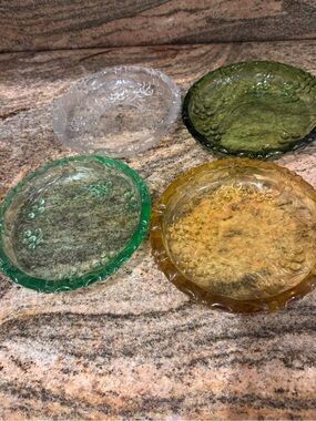 Silversmiths 4 Glass Fruit-Pattern side plates - Clear, Green, Amber, Olive